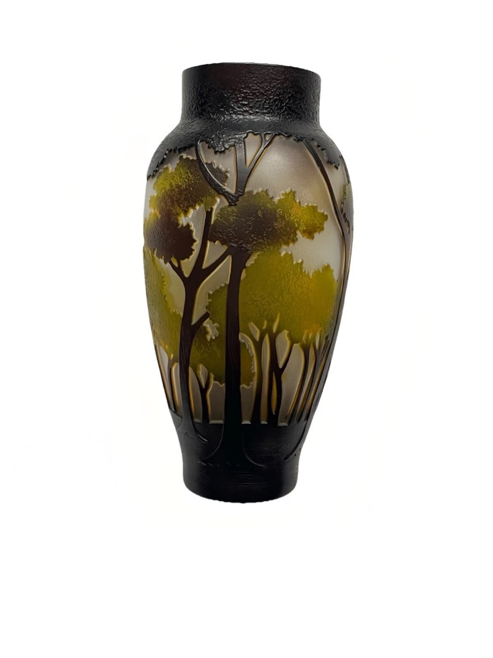 Emile Galle Style Art Nouveau French Cameo Glass Vase 3-Color Landscape W/ Trees
